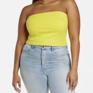 BP Tube Top Crop Strapless Solid Yellow Casual Summer Plus Vacation Neutral